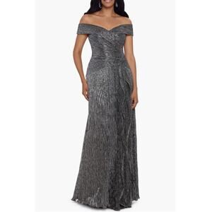 H2 Xscape Long Maxi Off Shoulder Gown Womens 16 Silver Metallic